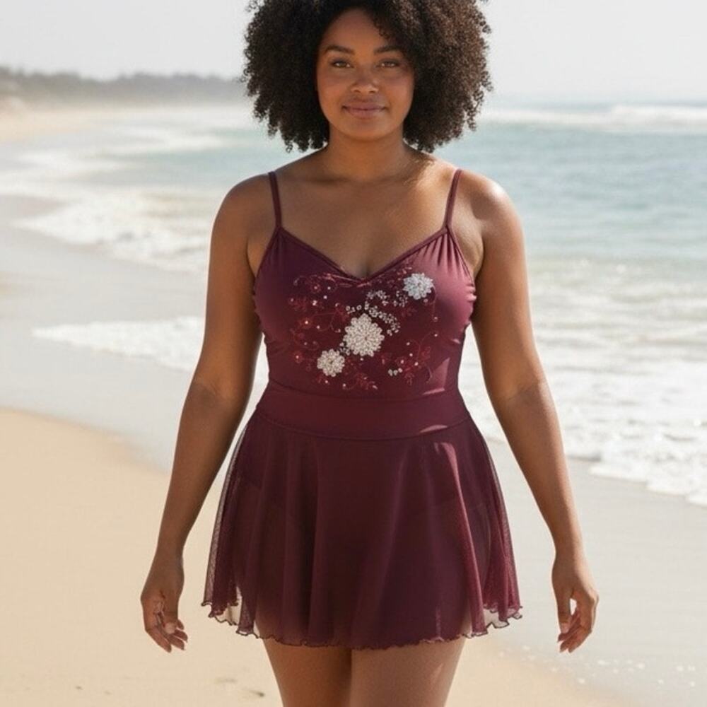 Newport News 1 piece swimsuit Wine color Floral Sequins Embroidery size 14 NWT